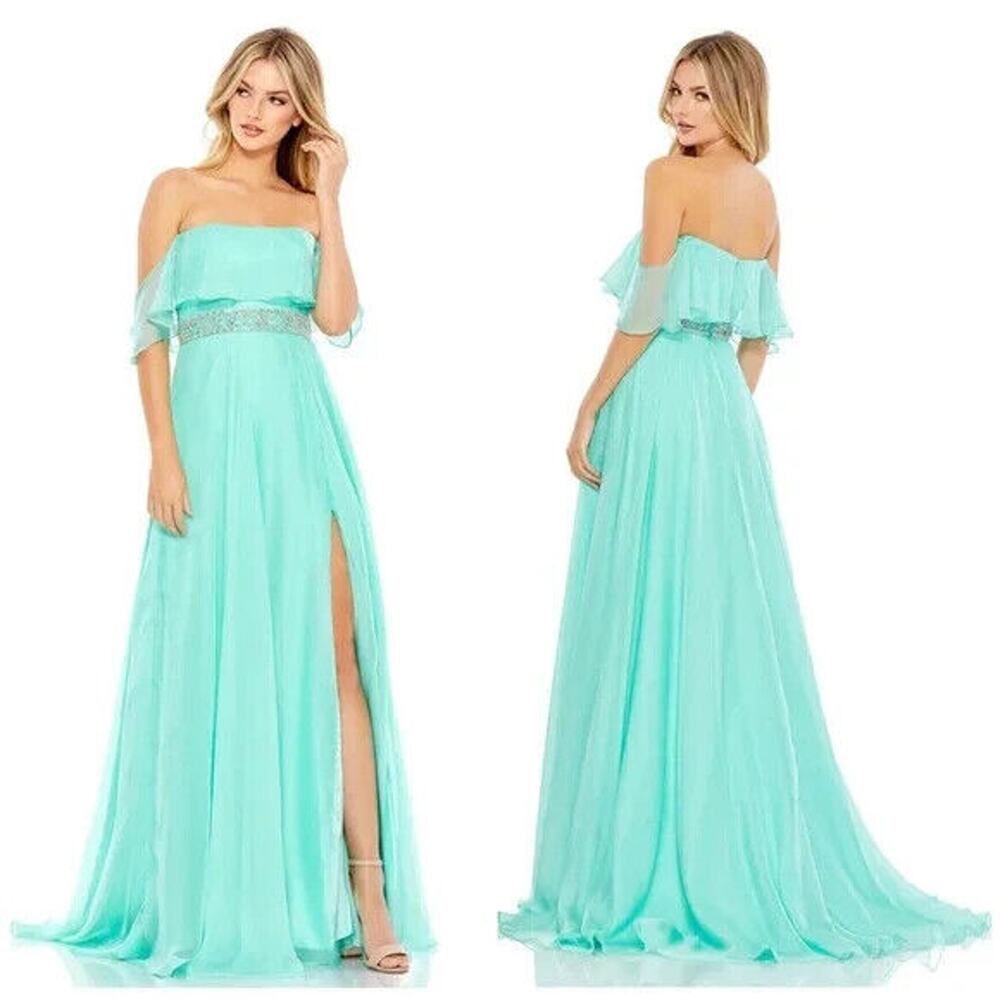Mac Duggal FLOWY‎ OFF-THE-SHOULDER GOWN Mint Green Sz 2 67817 $398